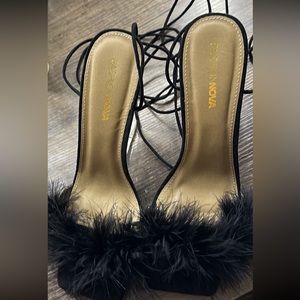 Fuzzy faux feathered, black, square open toe w clear heal. Could fit 9.5 too.